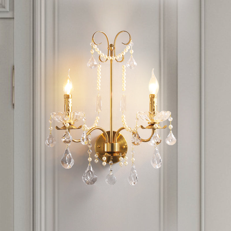 Applique murale traditionnelle européenne rustique en fer à bougie avec cristal à 2 lumières pour salon 