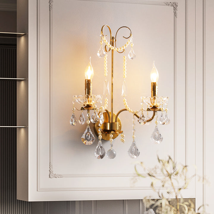 Applique murale traditionnelle européenne rustique en fer à bougie avec cristal à 2 lumières pour salon 