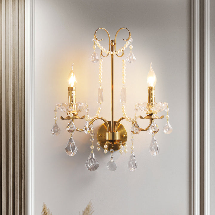 Applique murale traditionnelle européenne rustique en fer à bougie avec cristal à 2 lumières pour salon 