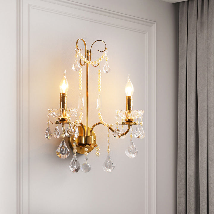 Applique murale traditionnelle européenne rustique en fer à bougie avec cristal à 2 lumières pour salon 
