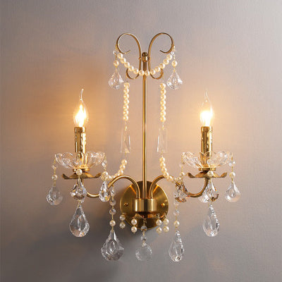 Traditional European Rustic Candle Iron Crystal 2-Light Wall Sconce Lamp For Living Room