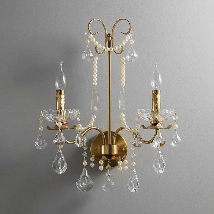 Applique murale traditionnelle européenne rustique en fer à bougie avec cristal à 2 lumières pour salon 