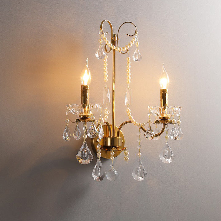 Applique murale traditionnelle européenne rustique en fer à bougie avec cristal à 2 lumières pour salon 