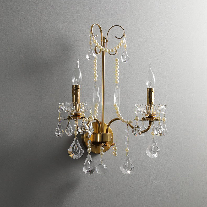 Applique murale traditionnelle européenne rustique en fer à bougie avec cristal à 2 lumières pour salon 