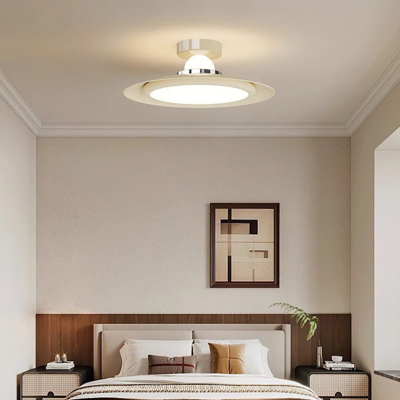 Modern Transitional Cream-Toned Flying Saucer Acrylic Shade Iron LED Semi-Flush Mount Ceiling Light For Bedroom