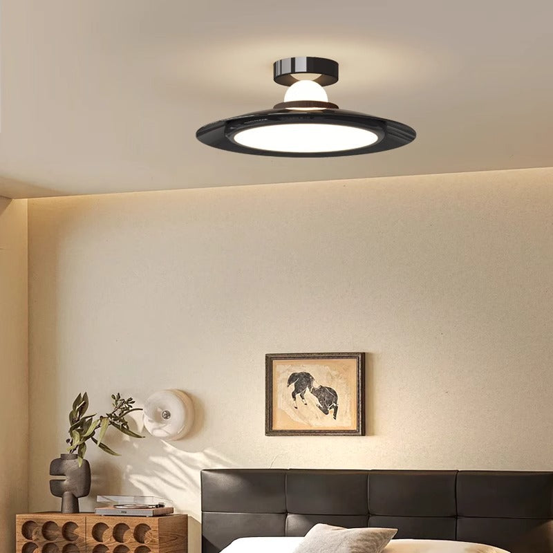 Modern Transitional Cream-Toned Flying Saucer Acrylic Shade Iron LED Semi-Flush Mount Ceiling Light For Bedroom