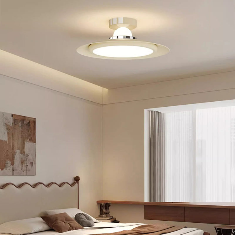 Modern Transitional Cream-Toned Flying Saucer Acrylic Shade Iron LED Semi-Flush Mount Ceiling Light For Bedroom