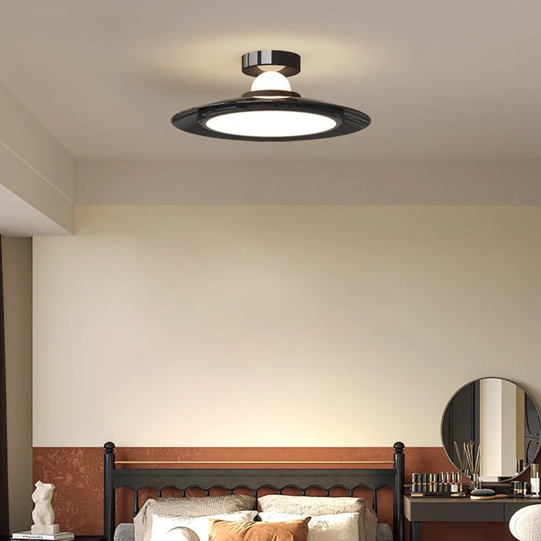 Modern Transitional Cream-Toned Flying Saucer Acrylic Shade Iron LED Semi-Flush Mount Ceiling Light For Bedroom