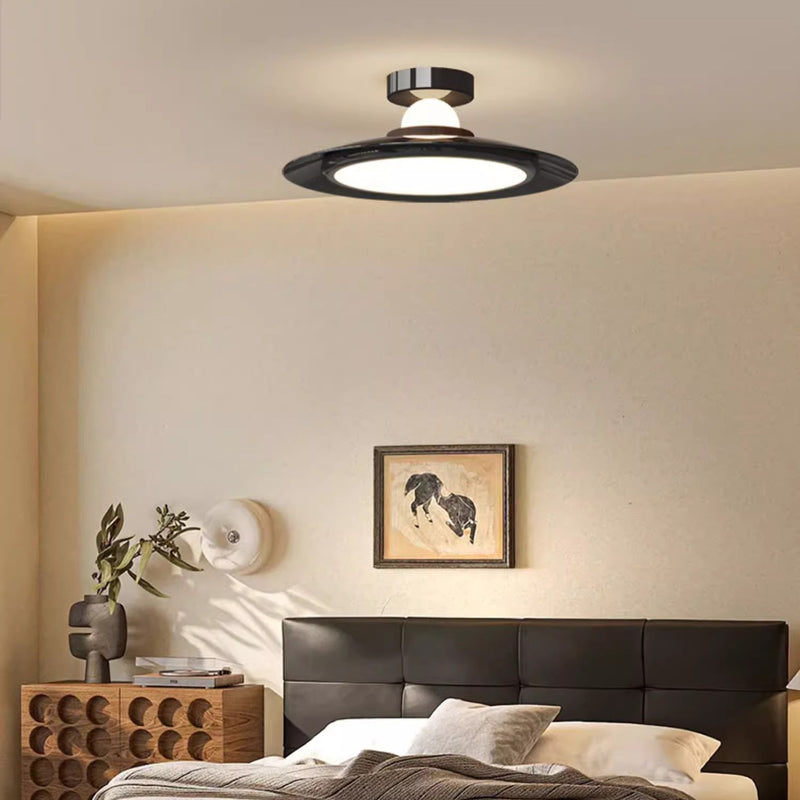 Modern Transitional Cream-Toned Flying Saucer Acrylic Shade Iron LED Semi-Flush Mount Ceiling Light For Bedroom