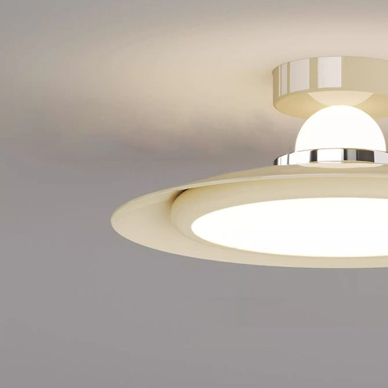 Modern Transitional Cream-Toned Flying Saucer Acrylic Shade Iron LED Semi-Flush Mount Ceiling Light For Bedroom