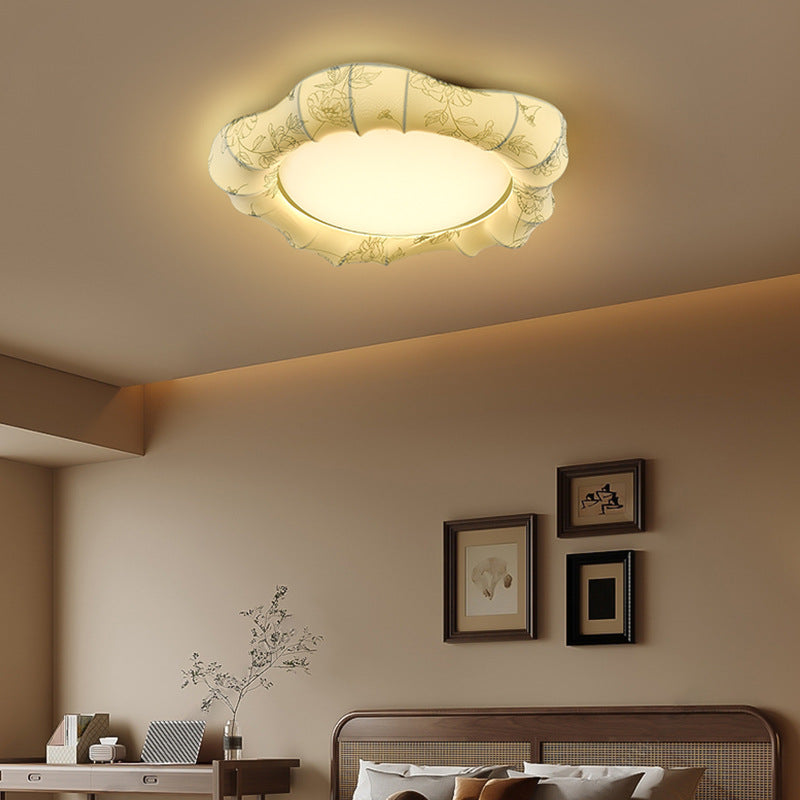 Traditional French Floral Fabric Shade Iron LED Dimmable Flush Mount Ceiling Light For Bedroom