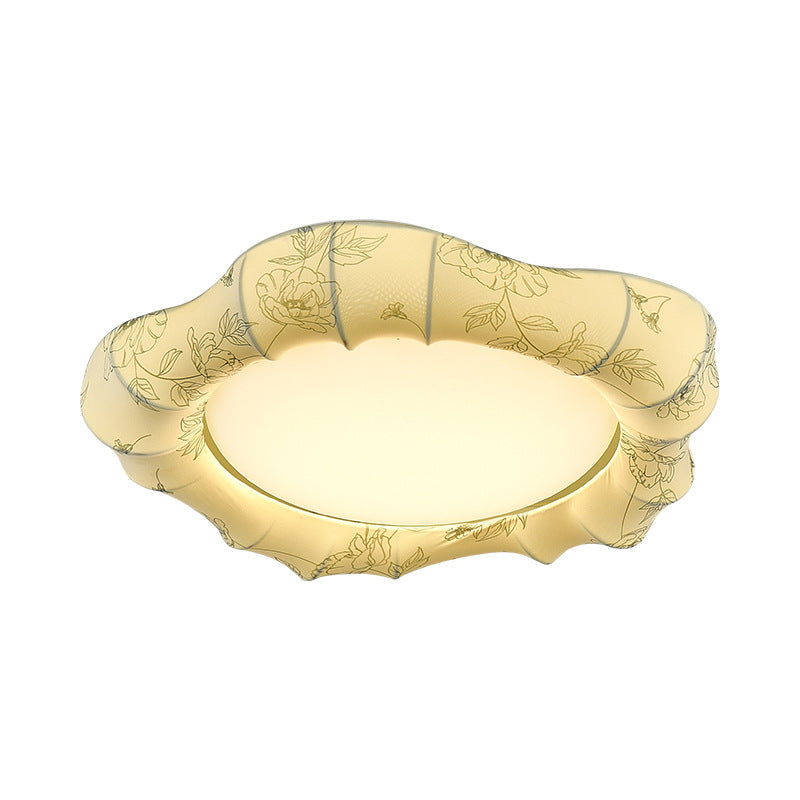 Traditional French Floral Fabric Shade Iron LED Dimmable Flush Mount Ceiling Light For Bedroom