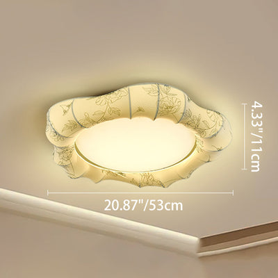 Traditional French Floral Fabric Shade Iron LED Dimmable Flush Mount Ceiling Light For Bedroom