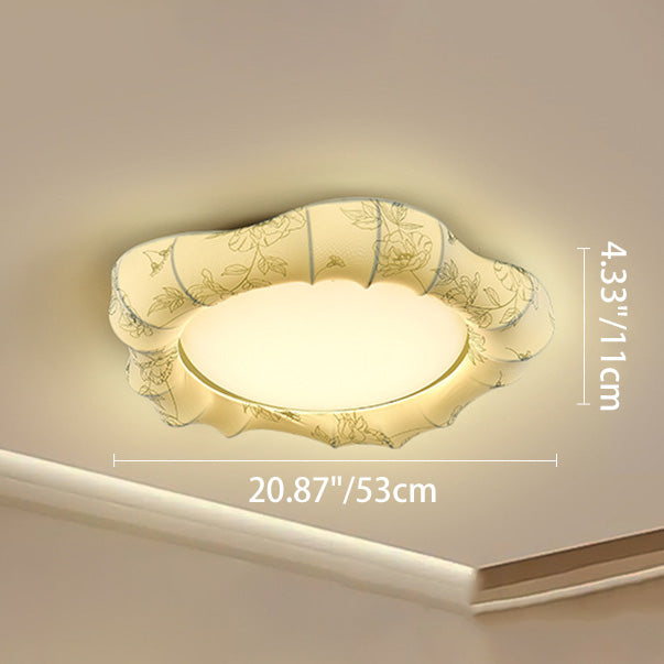 Traditional French Floral Fabric Shade Iron LED Dimmable Flush Mount Ceiling Light For Bedroom