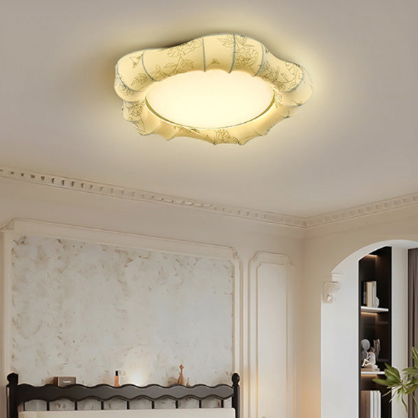 Traditional French Floral Fabric Shade Iron LED Dimmable Flush Mount Ceiling Light For Bedroom