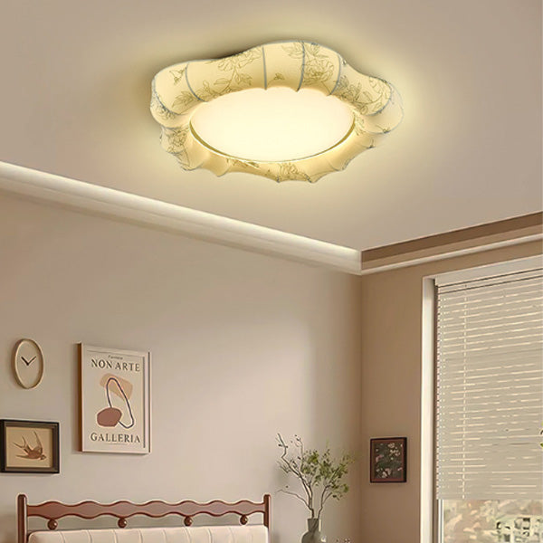 Traditional French Floral Fabric Shade Iron LED Dimmable Flush Mount Ceiling Light For Bedroom