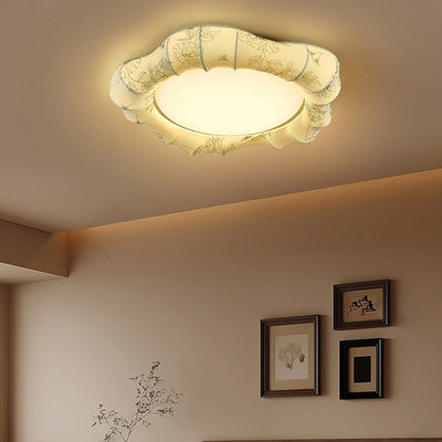 Traditional French Floral Fabric Shade Iron LED Dimmable Flush Mount Ceiling Light For Bedroom