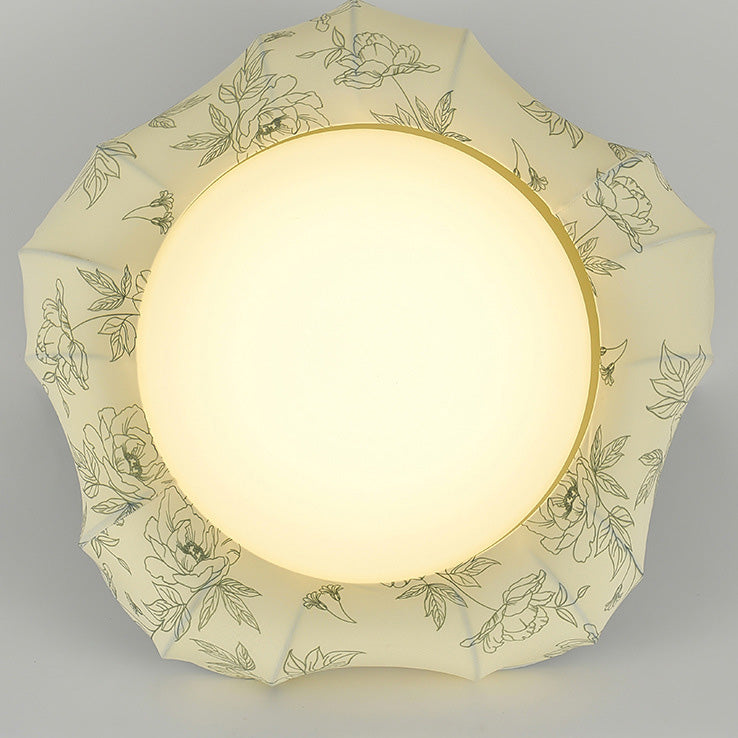 Traditional French Floral Fabric Shade Iron LED Dimmable Flush Mount Ceiling Light For Bedroom