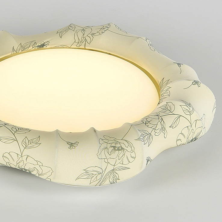 Traditional French Floral Fabric Shade Iron LED Dimmable Flush Mount Ceiling Light For Bedroom
