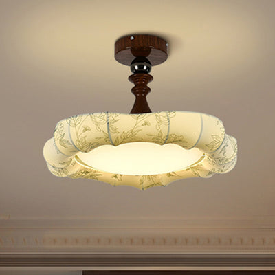Traditional French Floral Fabric Shade Iron LED Dimmable Semi-Flush Mount Ceiling Light For Bedroom