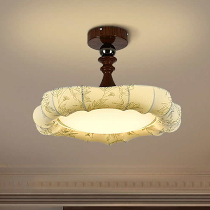 Traditional French Floral Fabric Shade Iron LED Dimmable Semi-Flush Mount Ceiling Light For Bedroom