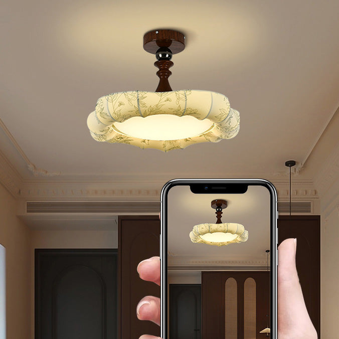 Traditional French Floral Fabric Shade Iron LED Dimmable Semi-Flush Mount Ceiling Light For Bedroom