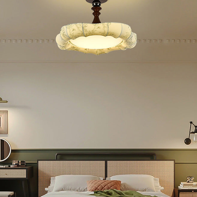 Traditional French Floral Fabric Shade Iron LED Dimmable Semi-Flush Mount Ceiling Light For Bedroom