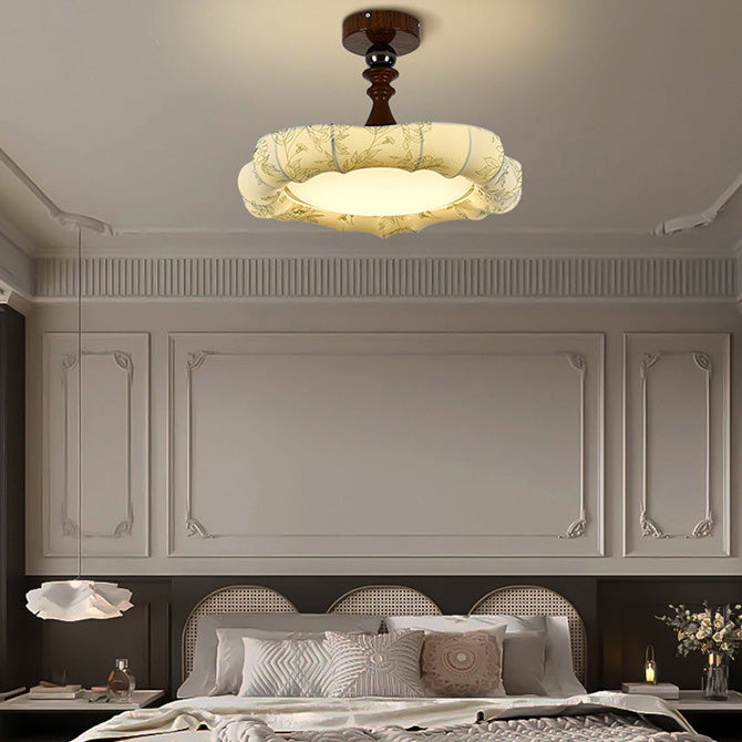Traditional French Floral Fabric Shade Iron LED Dimmable Semi-Flush Mount Ceiling Light For Bedroom