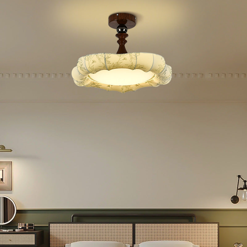 Traditional French Floral Fabric Shade Iron LED Dimmable Semi-Flush Mount Ceiling Light For Bedroom