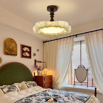 Traditional French Floral Fabric Shade Iron LED Dimmable Semi-Flush Mount Ceiling Light For Bedroom
