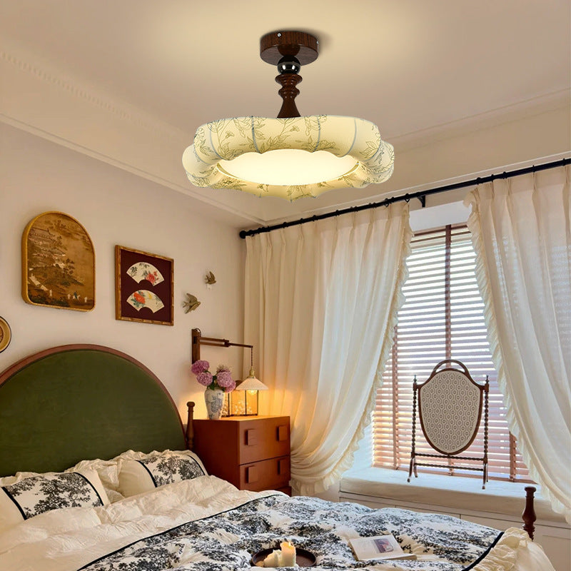 Traditional French Floral Fabric Shade Iron LED Dimmable Semi-Flush Mount Ceiling Light For Bedroom