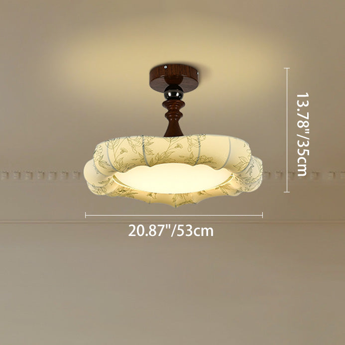 Traditional French Floral Fabric Shade Iron LED Dimmable Semi-Flush Mount Ceiling Light For Bedroom
