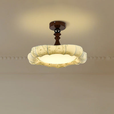 Traditional French Floral Fabric Shade Iron LED Dimmable Semi-Flush Mount Ceiling Light For Bedroom