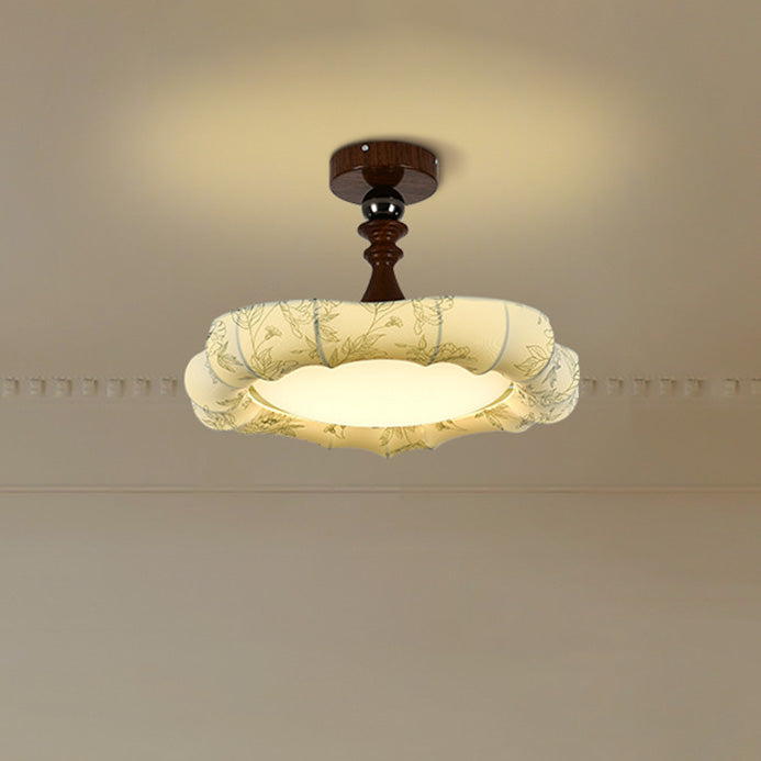 Traditional French Floral Fabric Shade Iron LED Dimmable Semi-Flush Mount Ceiling Light For Bedroom