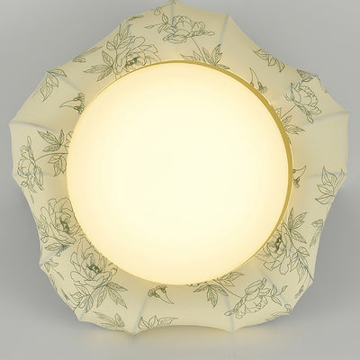 Traditional French Floral Fabric Shade Iron LED Dimmable Semi-Flush Mount Ceiling Light For Bedroom
