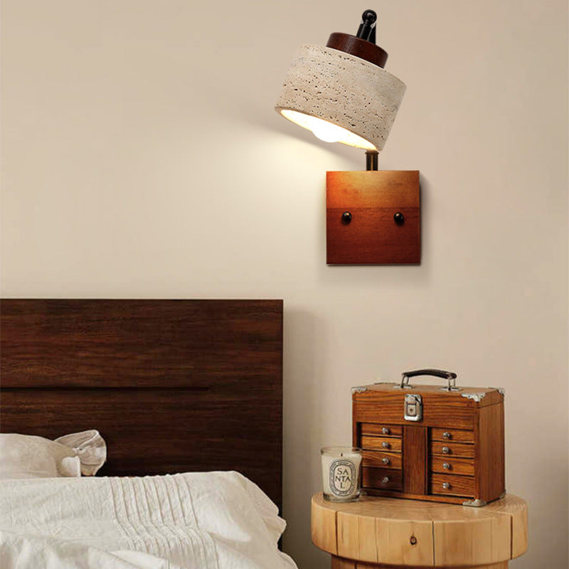Traditional Japanese Wabi-Sabi Cylinder Shade Yellow Travertine Solid Wood 1-Light Wall Sconce Lamp For Bedroom