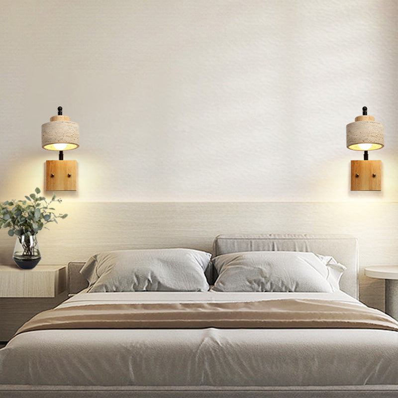 Traditional Japanese Wabi-Sabi Cylinder Shade Yellow Travertine Solid Wood 1-Light Wall Sconce Lamp For Bedroom