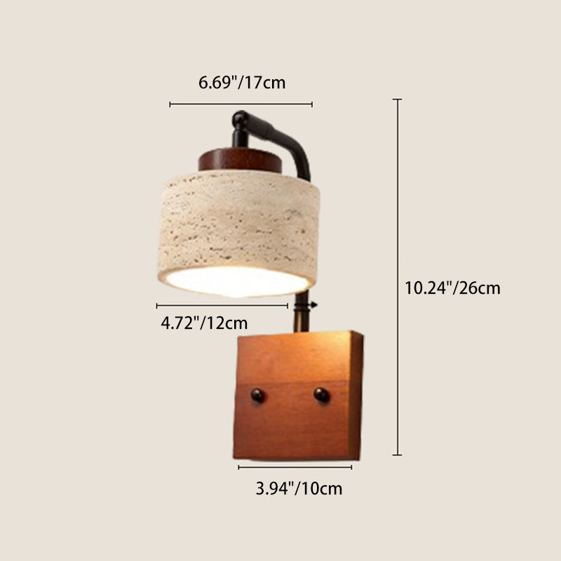 Traditional Japanese Wabi-Sabi Cylinder Shade Yellow Travertine Solid Wood 1-Light Wall Sconce Lamp For Bedroom