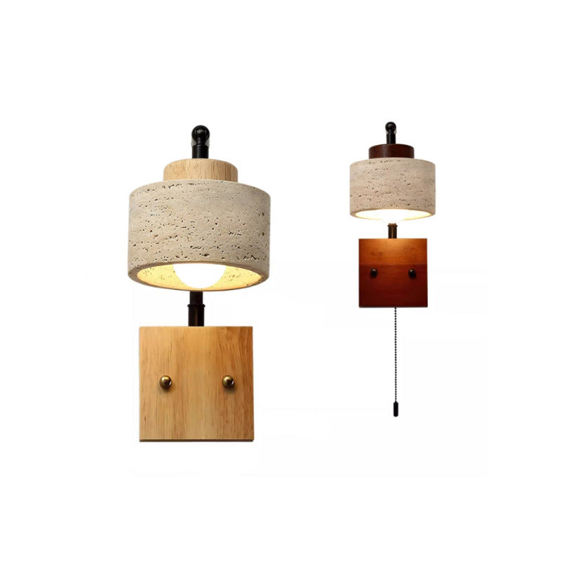 Traditional Japanese Wabi-Sabi Cylinder Shade Yellow Travertine Solid Wood 1-Light Wall Sconce Lamp For Bedroom