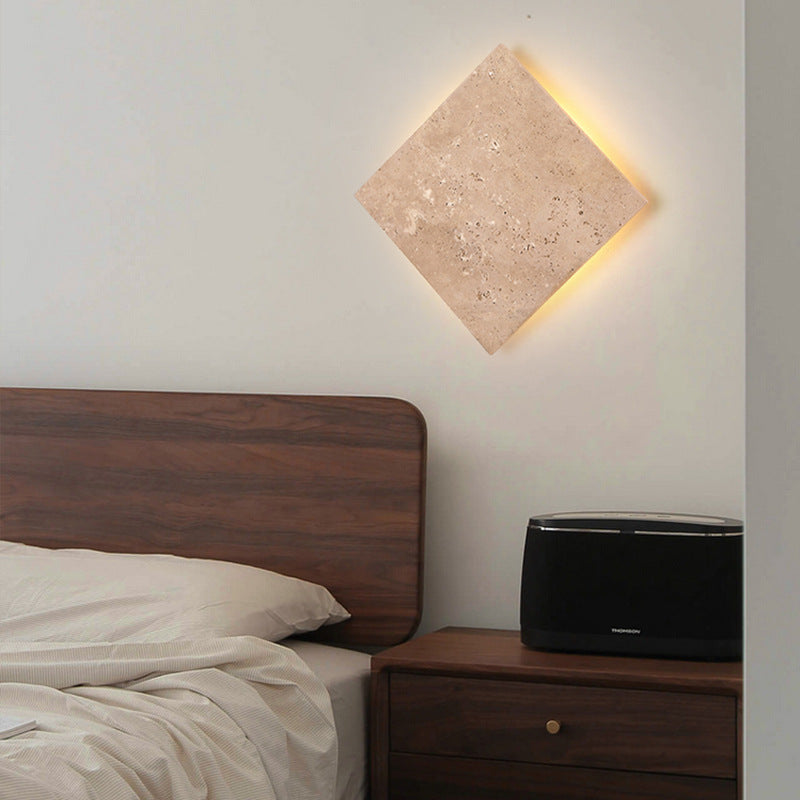 Traditional Japanese Wabi-Sabi Square Yellow Travertine LED Wall Sconce Lamp For Living Room