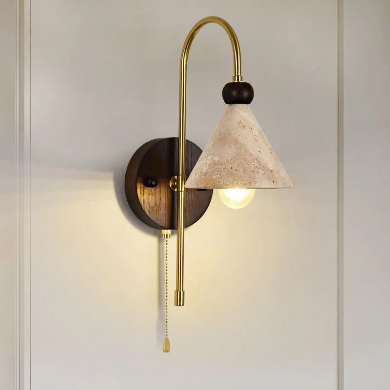 Modern Mid-Century Cone Shade Yellow Travertine Solid Wood Iron 1-Light Wall Sconce Lamp For Bedroom