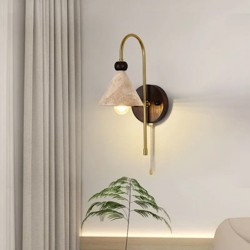 Modern Mid-Century Cone Shade Yellow Travertine Solid Wood Iron 1-Light Wall Sconce Lamp For Bedroom