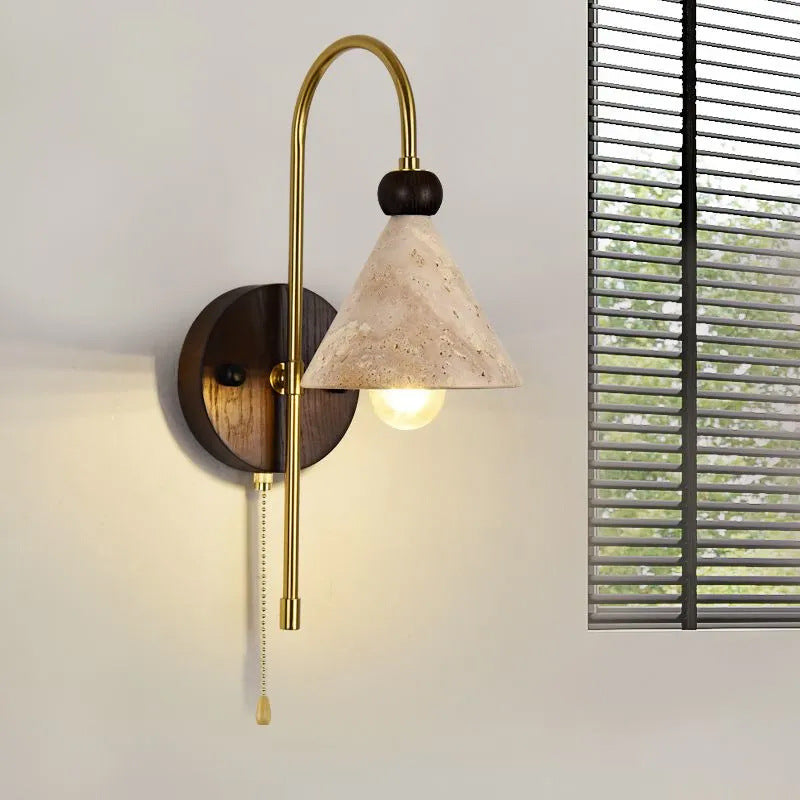 Modern Mid-Century Cone Shade Yellow Travertine Solid Wood Iron 1-Light Wall Sconce Lamp For Bedroom