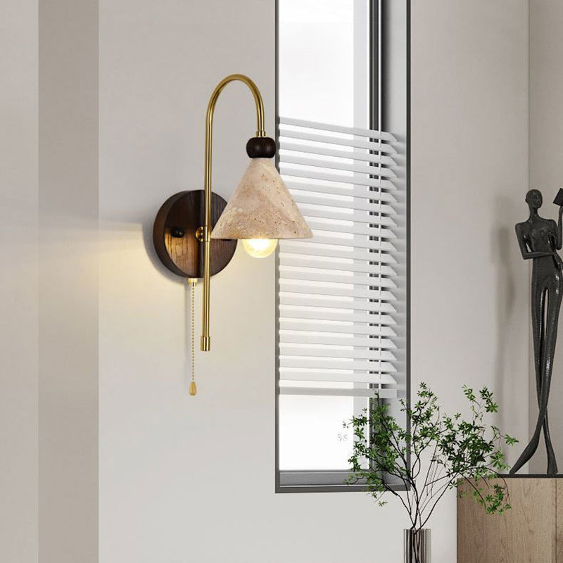 Modern Mid-Century Cone Shade Yellow Travertine Solid Wood Iron 1-Light Wall Sconce Lamp For Bedroom