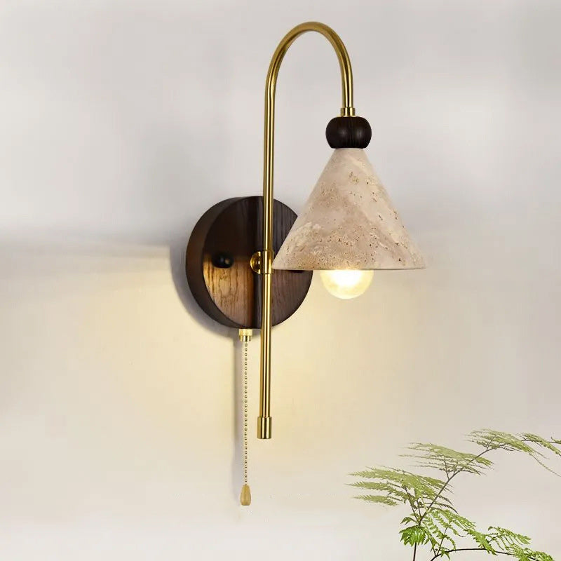 Modern Mid-Century Cone Shade Yellow Travertine Solid Wood Iron 1-Light Wall Sconce Lamp For Bedroom