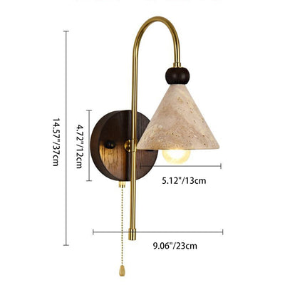 Modern Mid-Century Cone Shade Yellow Travertine Solid Wood Iron 1-Light Wall Sconce Lamp For Bedroom