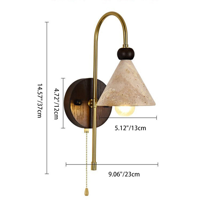 Modern Mid-Century Cone Shade Yellow Travertine Solid Wood Iron 1-Light Wall Sconce Lamp For Bedroom