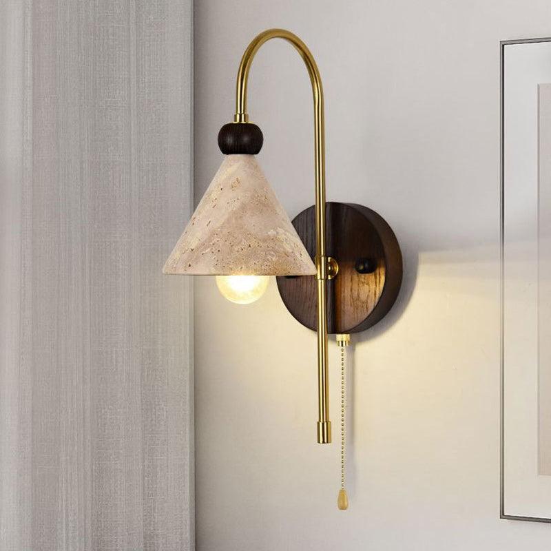 Modern Mid-Century Cone Shade Yellow Travertine Solid Wood Iron 1-Light Wall Sconce Lamp For Bedroom