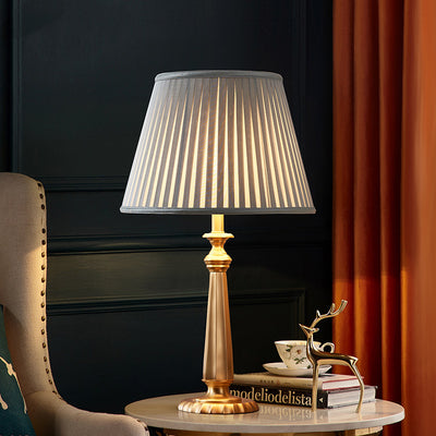 Traditional Farmhouse Tapered Fabric Shade Solid Brass Base 1-Light Table Lamp For Bedroom
