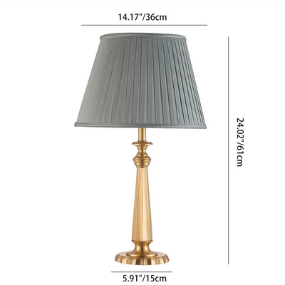 Traditional Farmhouse Tapered Fabric Shade Solid Brass Base 1-Light Table Lamp For Bedroom